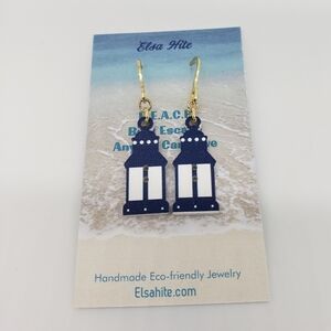 1741- Nautical Lighthouse Wooden Dangle Blue White Earrings Handmade NWT